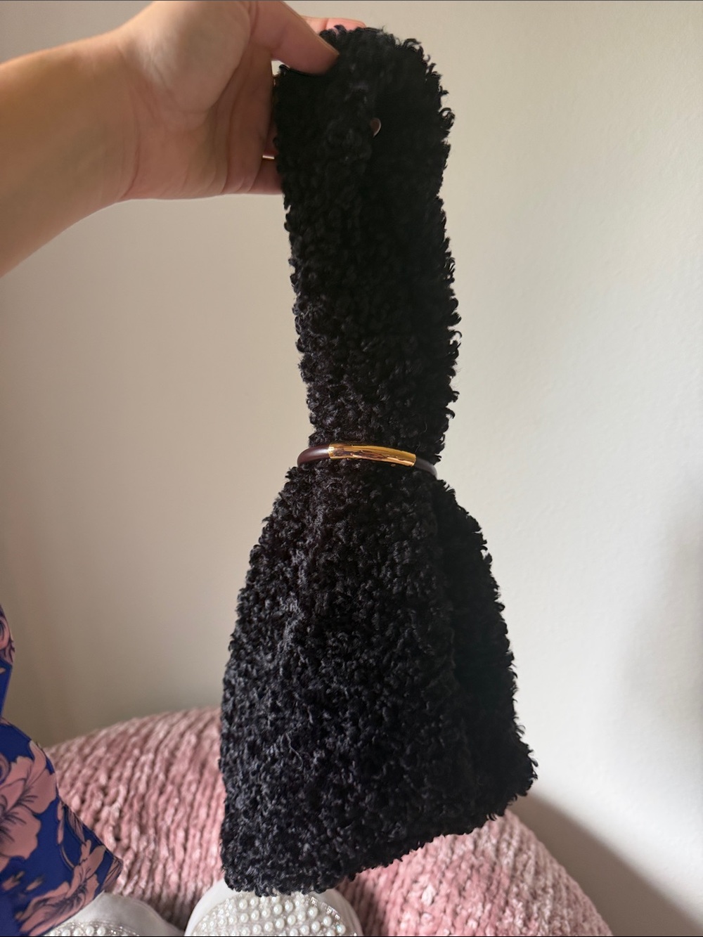 Nanushka Black Faux Shearling Wristlet with Gold Accent
